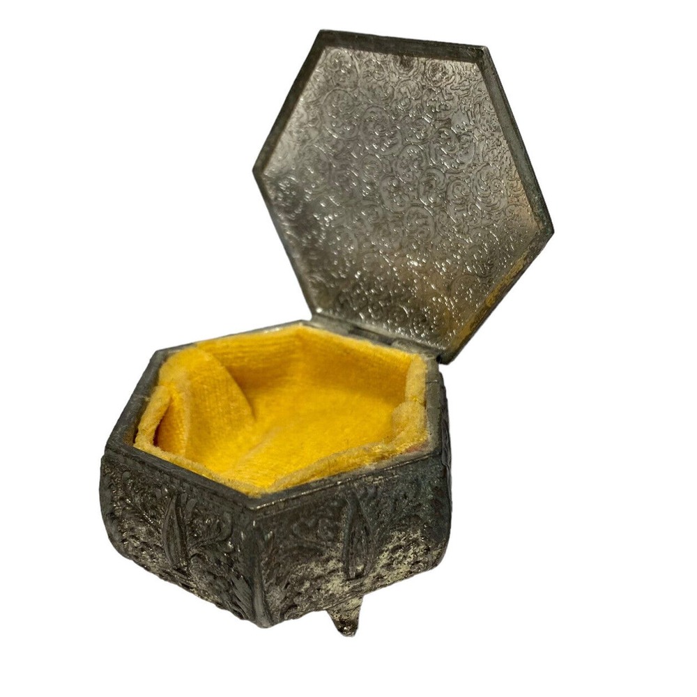 Vintage Metal Trinket Box Very Small Yellow Interior Floral Design Hinge Lid